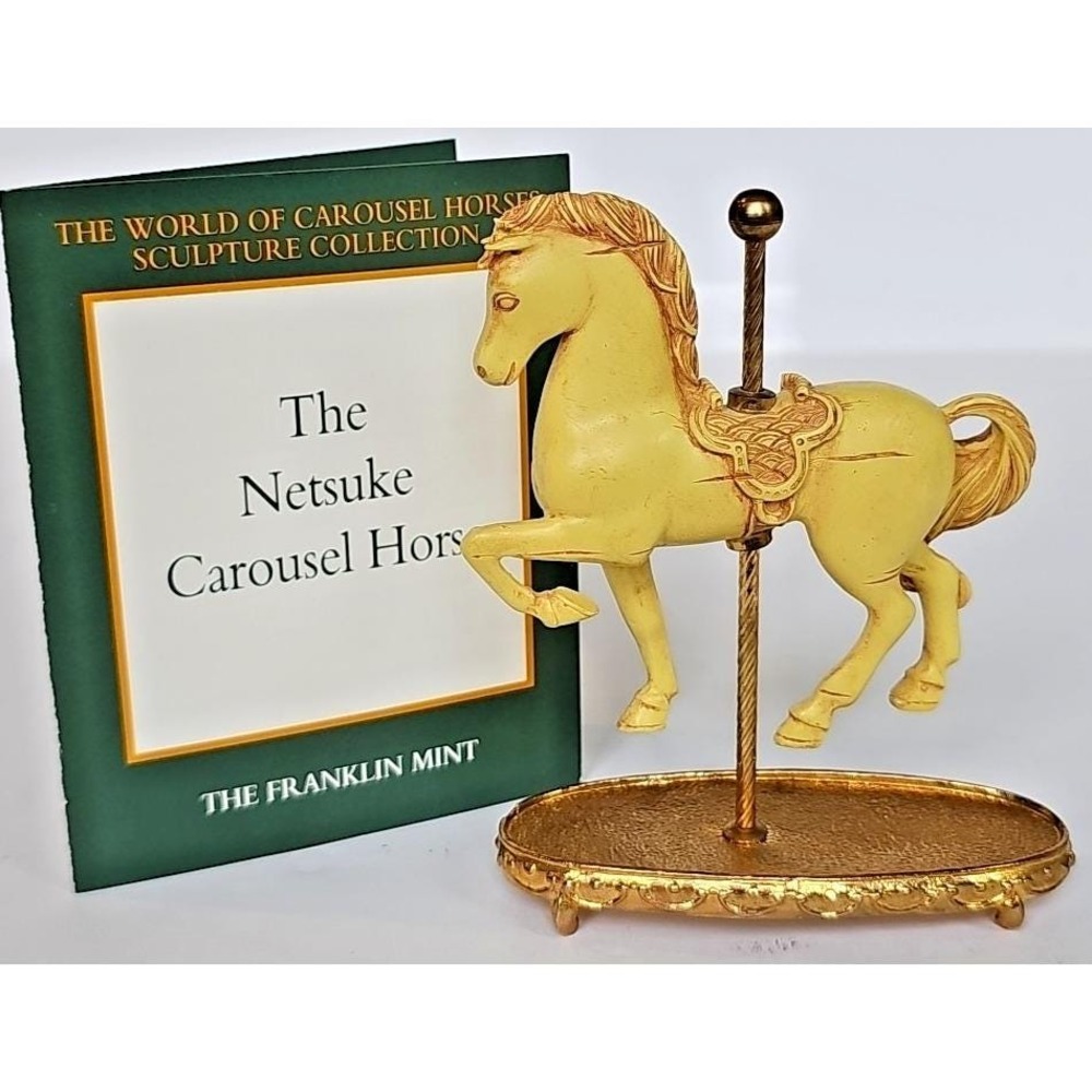 Vintage Franklin Mint Netsuke Carousel Horse Sculpture Gold Tone Base Figurine